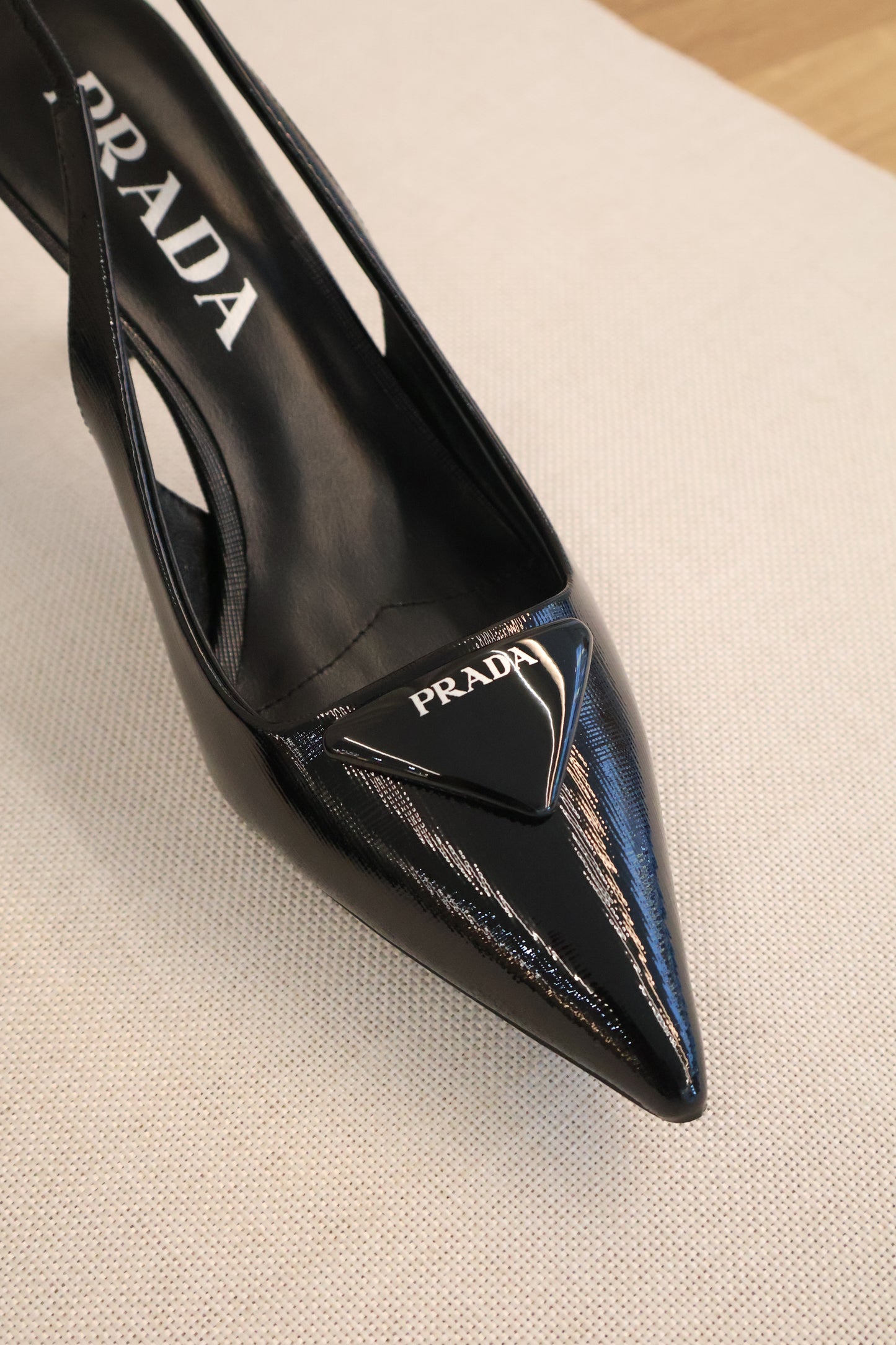 Prada Saffiano Patent Leather Slingback Pumps Black (Whatsapp for Price & Grade)
