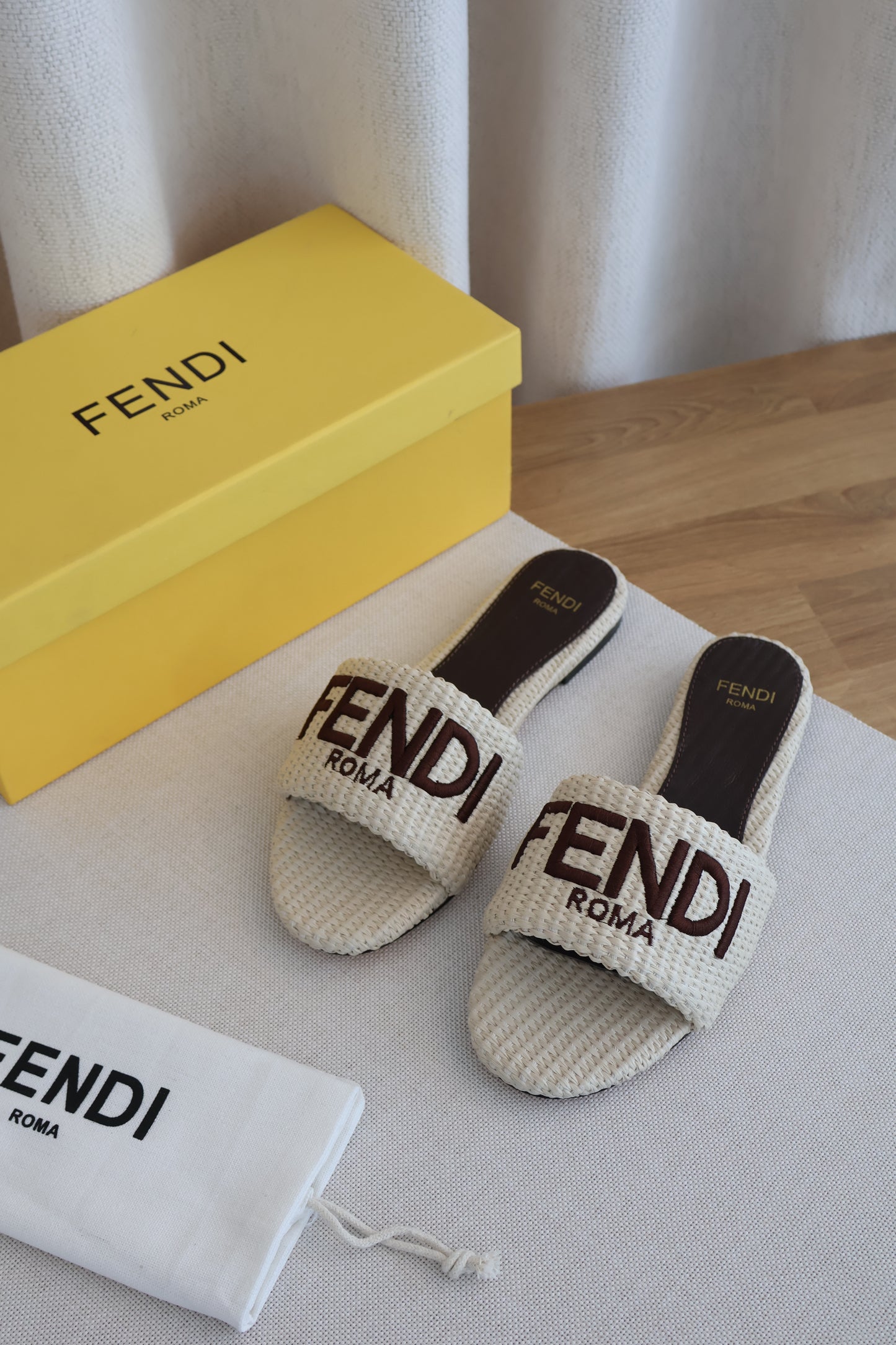 Fendi Signature Beige Cotton Fibre Slides (Whatsapp for Price & Grade)