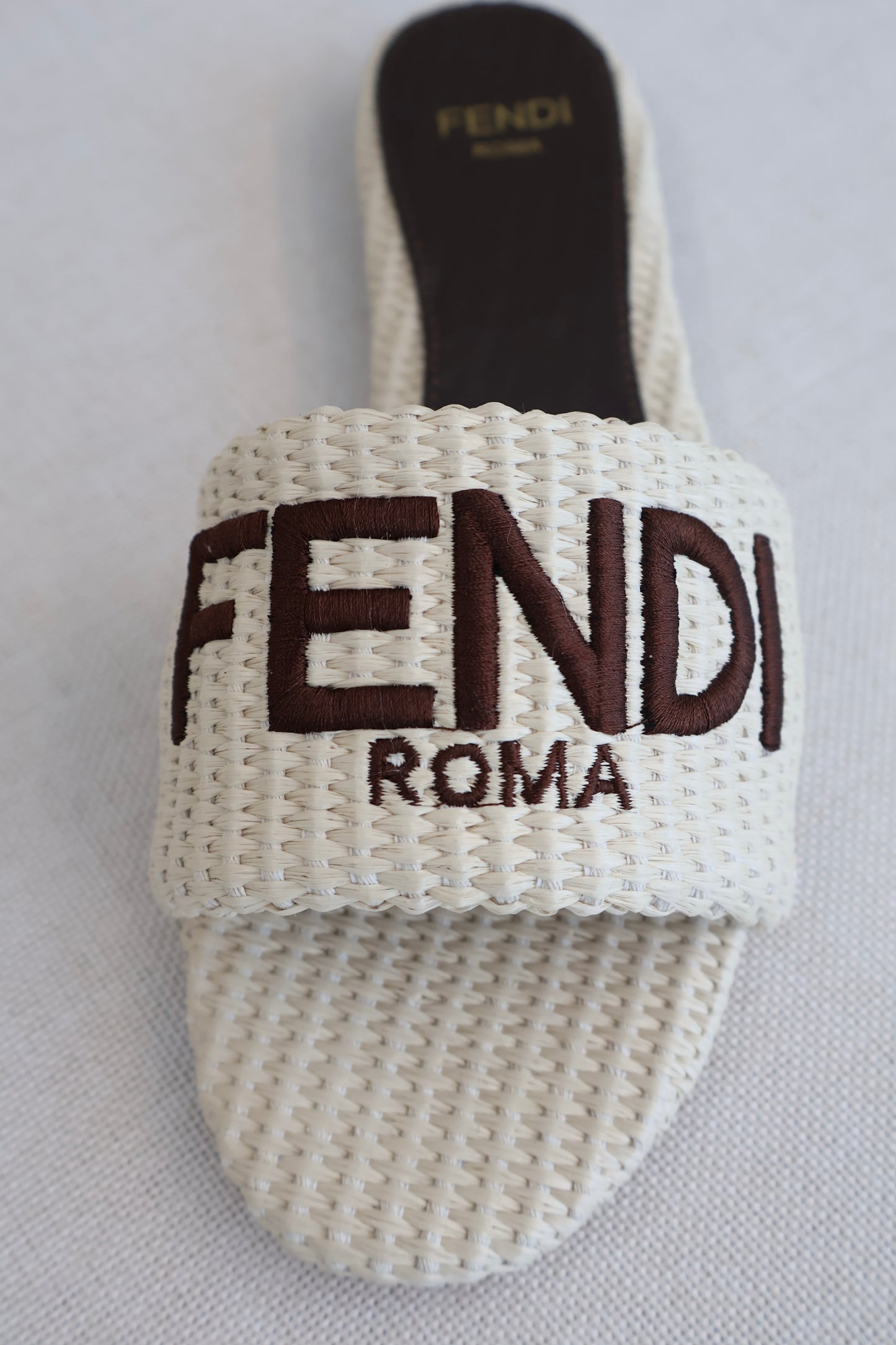 Fendi Signature Beige Cotton Fibre Slides (Whatsapp for Price & Grade)