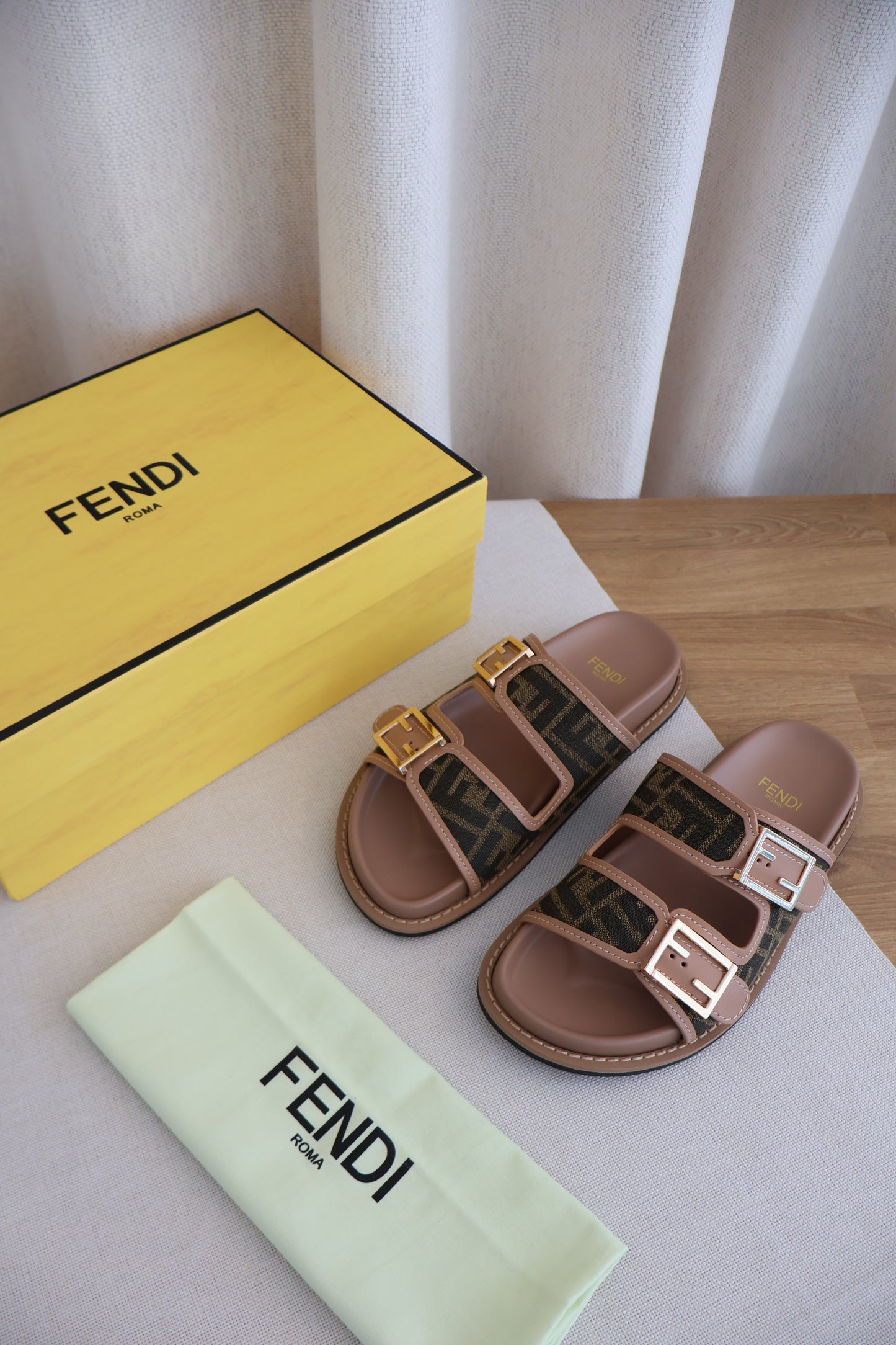 Fendi Feel Slides Brown FF Fabric Slides (Whatsapp for Price & Grade)