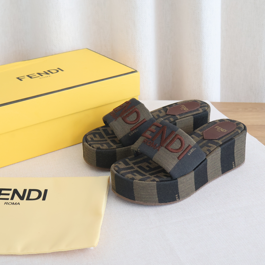 Fendi Sunshine Brown Fabric Flatform Slides (Whatsapp for Price & Grade)